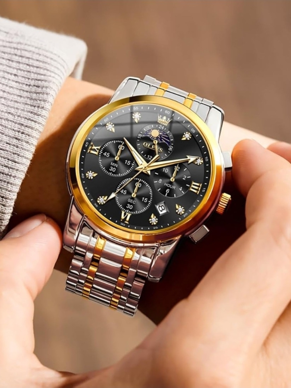 Two-Tone Gold & Silver Men’s Chronograph Watch with Black Dial